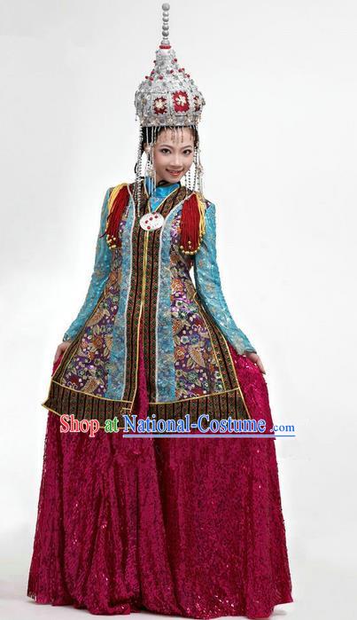 Traditional Chinese Mongol Nationality Dancing Costume, Mongols Female Folk Dance Ethnic Pleated Skirt, Chinese Mongolian Minority Nationality Embroidery Clothing Complete Set for Women