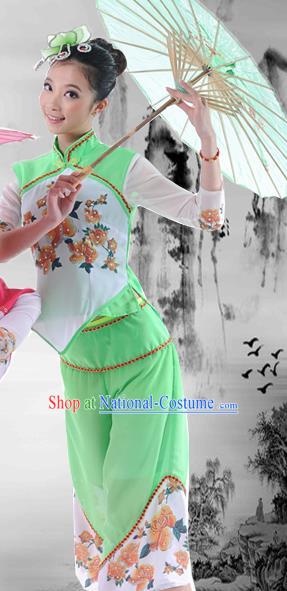 Traditional Chinese Classical Dance Yangge Fan Dancing Umbrella Dance Costume, Folk Dance Drum Dance Uniform Yangko Green Clothing Complete Set for Women