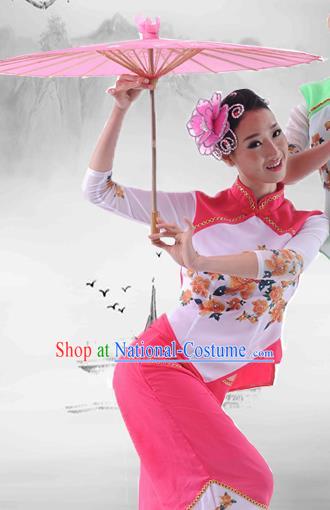 Traditional Chinese Classical Dance Yangge Fan Dancing Umbrella Dance Costume, Folk Dance Drum Dance Uniform Yangko Pink Clothing Complete Set for Women