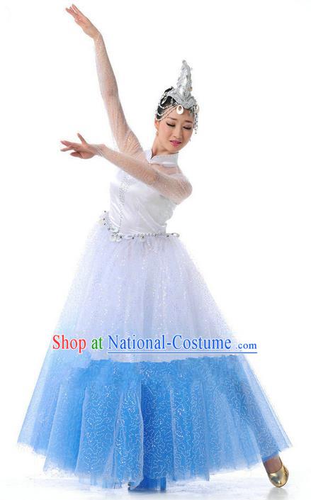 Traditional Chinese Classical Dance Fan Dancing Umbrella Dance Costume, Folk Dance Opening Dance Uniform Bubble Long Dress for Women