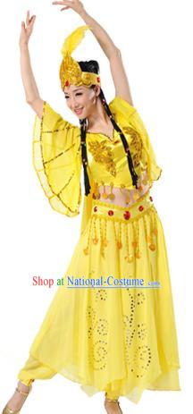 Traditional Chinese Uyghur Nationality Dancing Costume, Folk Dance Ethnic Clothing Yellow Dress, Chinese Minority Nationality Uigurian Dance Costume for Women