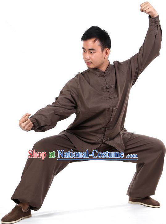 Top Kung Fu Costume Martial Arts Dark Brown Suits Pulian Clothing, Training Costume Tai Ji Uniforms Gongfu Shaolin Wushu Tai Chi Clothing for Men