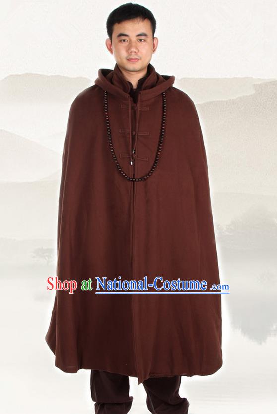 Top Kung Fu Costume Martial Arts Brownness Cloak Pulian Clothing, Tai Ji Mantle Gongfu Shaolin Wushu Tai Chi Meditation Cape for Men