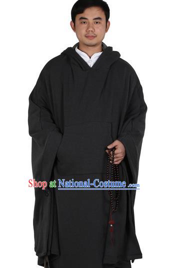 Top Kung Fu Costume Martial Arts Deep Grey Cloak Pulian Zen Clothing, Tai Ji Mantle Gongfu Shaolin Wushu Tai Chi Meditation Hooded Cape for Men