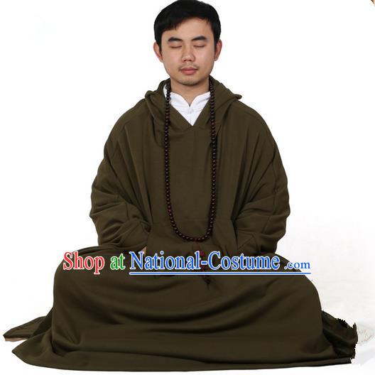 Top Kung Fu Costume Martial Arts Army Green Cloak Pulian Zen Clothing, Tai Ji Mantle Gongfu Shaolin Wushu Tai Chi Meditation Hooded Cape for Men