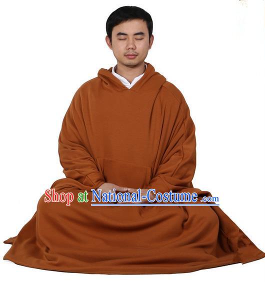 Top Kung Fu Costume Martial Arts Dark Yellow Cloak Pulian Zen Clothing, Tai Ji Mantle Gongfu Shaolin Wushu Tai Chi Meditation Hooded Cape for Men