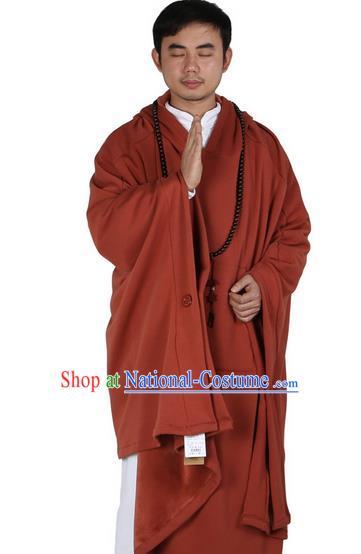 Top Kung Fu Costume Martial Arts Orange Red Cloak Pulian Zen Clothing, Tai Ji Mantle Gongfu Shaolin Wushu Tai Chi Meditation Hooded Cape for Men