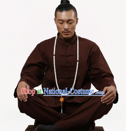 Top Grade Kung Fu Costume Martial Arts Coffee Linen Suits Pulian Zen Clothing, Training Costume Tai Ji Uniforms Gongfu Shaolin Wushu Tai Chi Clothing for Men