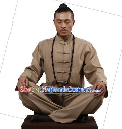 Top Grade Kung Fu Costume Martial Arts Khaki Linen Suits Pulian Zen Clothing, Training Costume Tai Ji Uniforms Gongfu Shaolin Wushu Tai Chi Clothing for Men