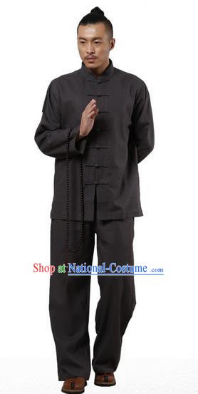 Top Grade Kung Fu Costume Martial Arts Black Linen Suits Pulian Zen Clothing, Training Costume Tai Ji Uniforms Gongfu Shaolin Wushu Tai Chi Clothing for Men