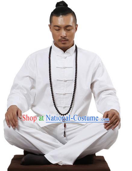 Top Grade Kung Fu Costume Martial Arts White Linen Suits Pulian Zen Clothing, Training Costume Tai Ji Uniforms Gongfu Shaolin Wushu Tai Chi Clothing for Men