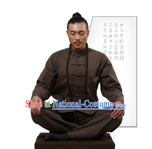 Top Grade Kung Fu Costume Martial Arts Brown Linen Suits Pulian Zen Clothing, Training Costume Tai Ji Uniforms Gongfu Shaolin Wushu Tai Chi Clothing for Men