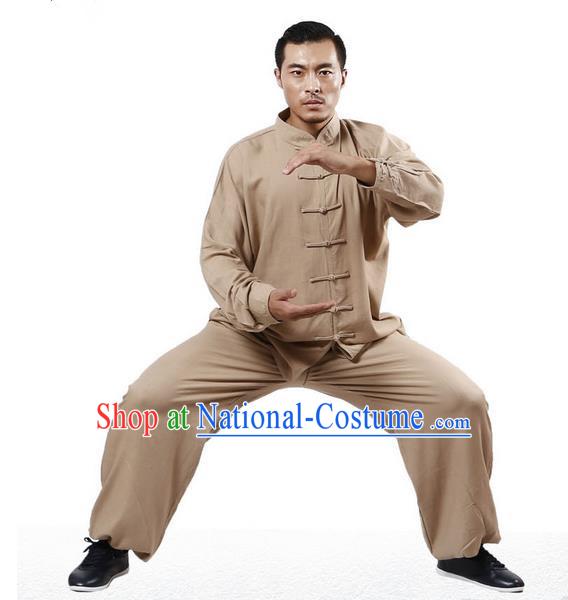 Top Grade Kung Fu Costume Martial Arts Khaki Linen Suits Pulian Zen Clothing, Training Costume Tai Ji Uniforms Gongfu Shaolin Wushu Tai Chi Plated Buttons Clothing for Men