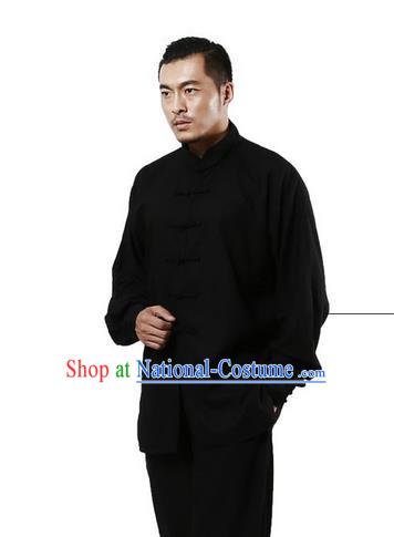 Top Grade Kung Fu Costume Martial Arts Black Linen Suits Pulian Zen Clothing, Training Costume Tai Ji Uniforms Gongfu Shaolin Wushu Tai Chi Plated Buttons Clothing for Men