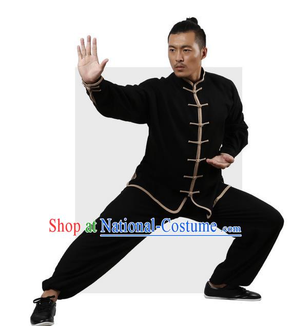 Top Grade Kung Fu Costume Martial Arts Black Grey Edge Suits Pulian Zen Clothing, Training Costume Tai Ji Uniforms Gongfu Shaolin Wushu Tai Chi Plated Buttons Clothing for Men