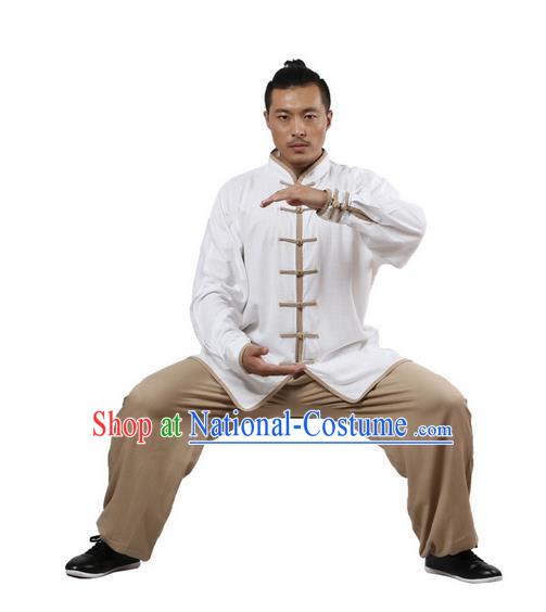 Top Grade Kung Fu Costume Martial Arts White Khaki Edge Suits Pulian Zen Clothing, Training Costume Tai Ji Uniforms Gongfu Shaolin Wushu Tai Chi Plated Buttons Clothing for Men