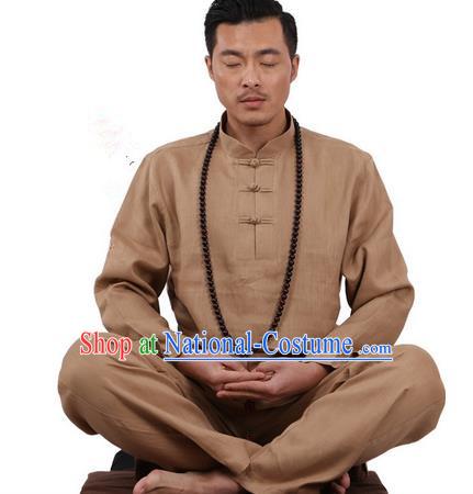 Top Grade Kung Fu Costume Martial Arts Khaki Ice Silk Linen Suits Pulian Zen Clothing, Training Costume Tai Ji Uniforms Gongfu Shaolin Wushu Tai Chi Plated Buttons Clothing for Men