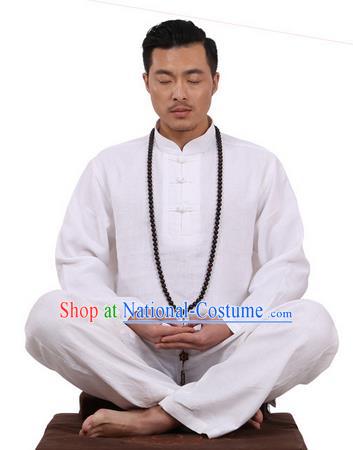 Top Grade Kung Fu Costume Martial Arts White Ice Silk Linen Suits Pulian Zen Clothing, Training Costume Tai Ji Uniforms Gongfu Shaolin Wushu Tai Chi Plated Buttons Clothing for Men