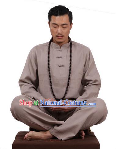 Top Grade Kung Fu Costume Martial Arts Grey Ice Silk Linen Suits Pulian Zen Clothing, Training Costume Tai Ji Uniforms Gongfu Shaolin Wushu Tai Chi Plated Buttons Clothing for Men