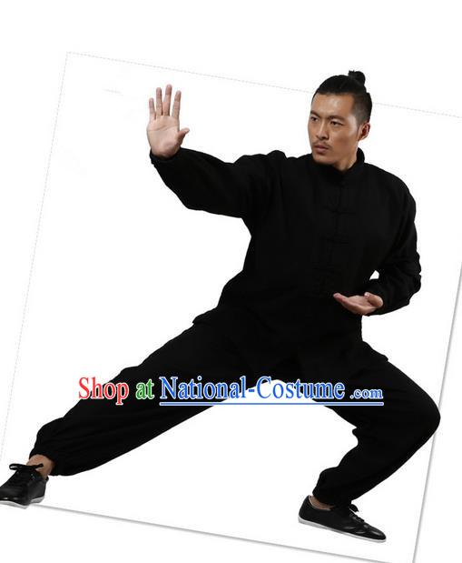 Top Grade Kung Fu Costume Martial Arts Black Brushed Linen Thicken Suits Pulian Zen Clothing, Training Costume Tai Ji Uniforms Gongfu Shaolin Wushu Tai Chi Plated Buttons Clothing for Men