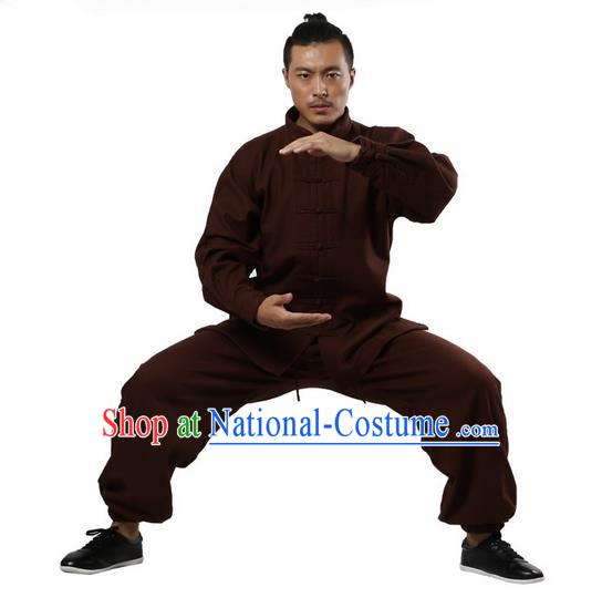 Top Grade Kung Fu Costume Martial Arts Coffee Brushed Linen Thicken Suits Pulian Zen Clothing, Training Costume Tai Ji Uniforms Gongfu Shaolin Wushu Tai Chi Plated Buttons Clothing for Men