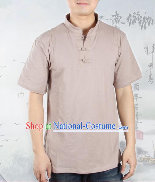 Top Grade Kung Fu Costume Martial Arts Khaki Upper Outer Garment Pulian Zen Clothing, Training Costume Gongfu Shaolin Wushu Tai Chi Plated Buttons T-Shirts Clothing for Men