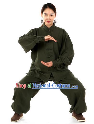 Top Kung Fu Costume Pulian Clothing Martial Arts Army Green Linen Suits, Training Costume Tai Ji Uniforms Gongfu Shaolin Wushu Tai Chi Clothing for Women