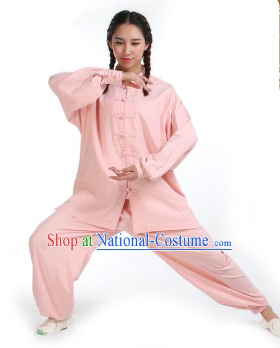 Top Kung Fu Costume Pulian Clothing Martial Arts Army Pink Linen Suits, Training Costume Tai Ji Uniforms Gongfu Shaolin Wushu Tai Chi Clothing for Women