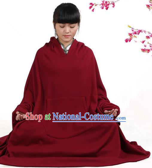 Top Kung Fu Costume Martial Arts Saffron Hooded Cloak Pulian Clothing, Tai Ji Mantle Gongfu Shaolin Wushu Tai Chi Meditation Cape for Women