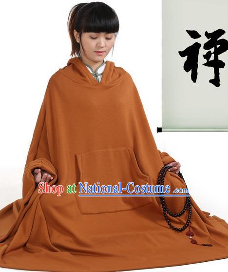 Top Kung Fu Costume Martial Arts Coffee Ywllow Hooded Cloak Pulian Clothing, Tai Ji Mantle Gongfu Shaolin Wushu Tai Chi Meditation Cape for Women