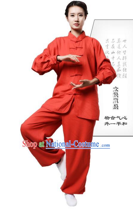 Top Grade Kung Fu Costume Martial Arts Orange Red Linen Suits Pulian Zen Clothing, Training Costume Tai Ji Uniforms Gongfu Shaolin Wushu Tai Chi Plated Buttons Clothing for Women