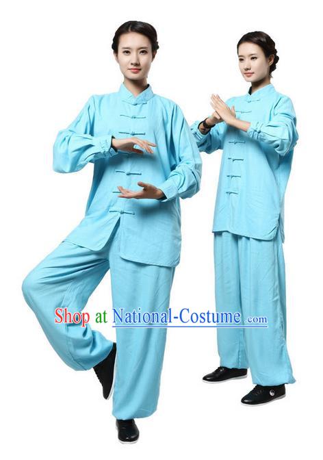 Top Grade Kung Fu Costume Martial Arts Blue Linen Suits Pulian Zen Clothing, Training Costume Tai Ji Uniforms Gongfu Shaolin Wushu Tai Chi Plated Buttons Clothing for Women