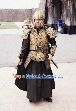 Traditional Chinese Ancient Imperial Bodyguard Armour Costume, Tokgo World China Northern and Southern Dynasties Soldier General Helmet and Armour Complete Set for Men