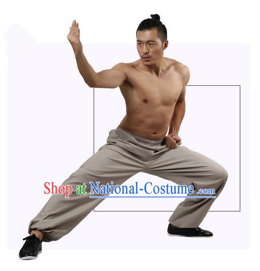 Top Grade Kung Fu Costume Martial Arts Grey Linen Pants Pulian Zen Clothing, Training Bloomers Gongfu Trousers Shaolin Wushu Tai Chi Plus Fours for Men