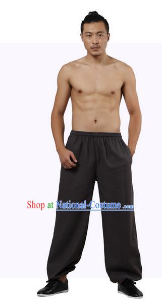 Top Grade Kung Fu Costume Martial Arts Brown Linen Pants Pulian Zen Clothing, Training Bloomers Gongfu Trousers Shaolin Wushu Tai Chi Plus Fours for Men