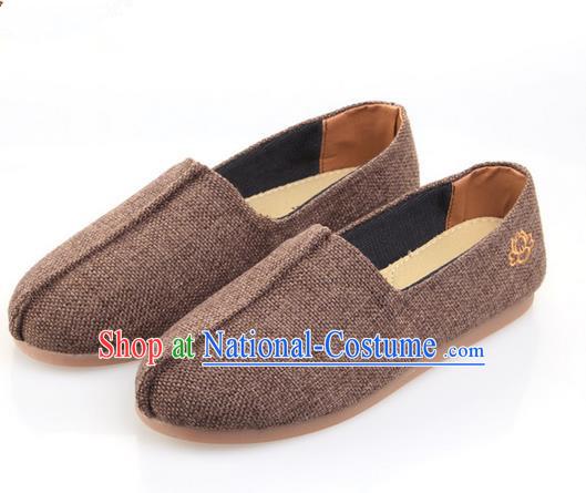 Top Grade Kung Fu Martial Arts Shoes Pulian Zen Shoes, Chinese Traditional Tai Chi Fine Linen Brown Shoes for Women for Men