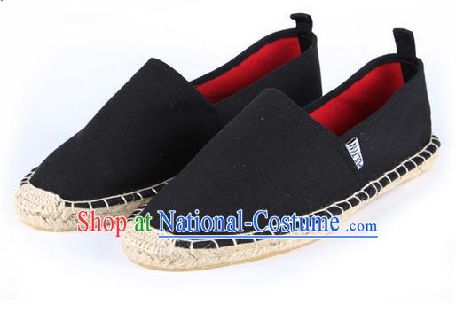 Top Grade Kung Fu Martial Arts Shoes Pulian Shoes, Chinese Traditional Tai Chi Linen Black Shoes Monk Straw Cloth Shoes for Women for Men