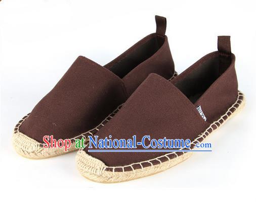 Top Grade Kung Fu Martial Arts Shoes Pulian Shoes, Chinese Traditional Tai Chi Linen Brown Shoes Monk Straw Cloth Shoes for Women for Men