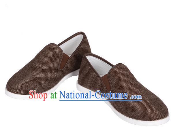 Top Grade Kung Fu Martial Arts Shoes Pulian Shoes, Chinese Traditional Tai Chi Linen Brown Shoes Cloth Zen Shoes for Women for Men