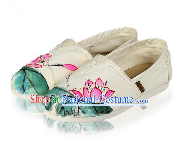 Top Grade Kung Fu Martial Arts Shoes Pulian Shoes, Chinese Traditional Tai Chi Linen Painting Pink Lotus Shoes Cloth Zen Shoes for Women