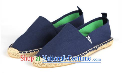 Top Grade Kung Fu Martial Arts Shoes Pulian Shoes, Chinese Traditional Tai Chi Linen Blue Shoes Monk Straw Cloth Shoes for Women for Men