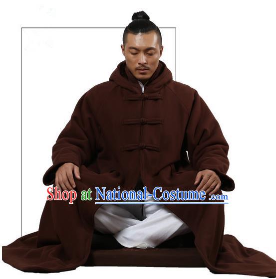 Top Kung Fu Costume Martial Arts Brownness Cloak Pulian Clothing, Tai Ji Mantle Gongfu Shaolin Wushu Tai Chi Meditation Plated Buttons Cape for Women for Men