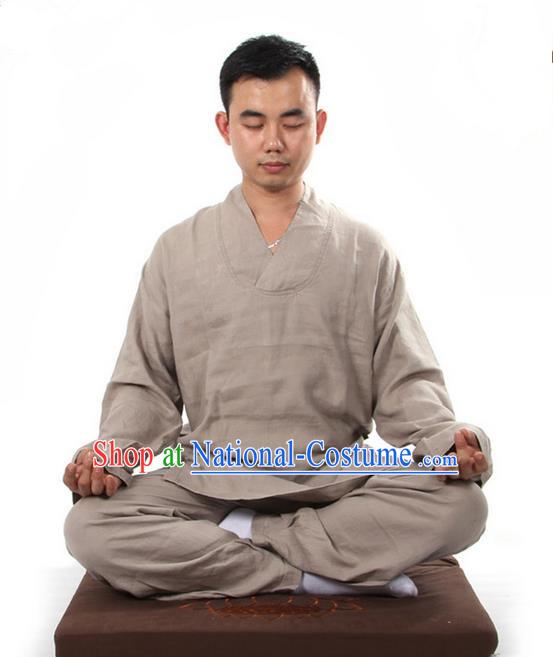 Top Grade Kung Fu Costume Martial Arts Linen Meditation Suits Pulian Zen Clothing, Training Costume Tai Ji Khaki Uniforms Gongfu Shaolin Wushu Tai Chi Clothing for Men