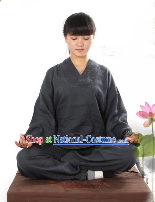 Top Grade Kung Fu Costume Martial Arts Linen Meditation Suits Pulian Zen Clothing, Training Costume Tai Ji Deep Grey Uniforms Gongfu Shaolin Wushu Tai Chi Clothing for Women