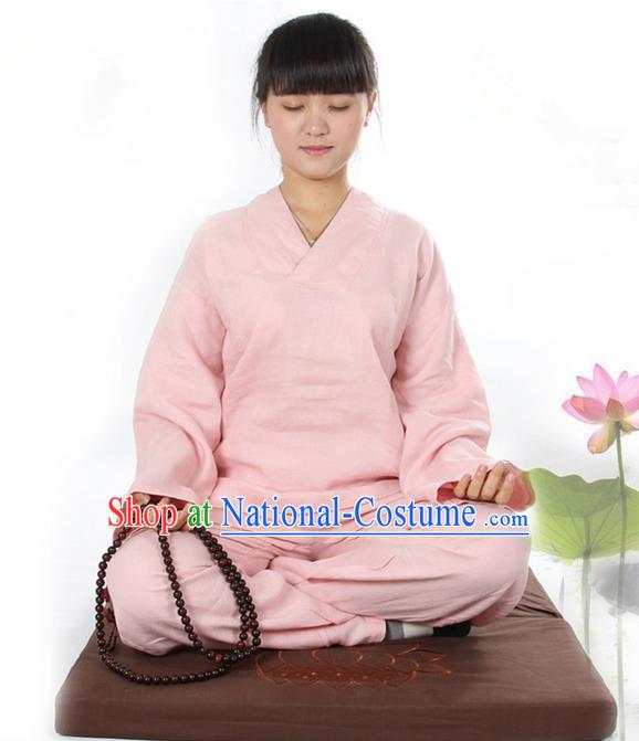 Top Grade Kung Fu Costume Martial Arts Linen Meditation Suits Pulian Zen Clothing, Training Costume Tai Ji Pink Uniforms Gongfu Shaolin Wushu Tai Chi Clothing for Women