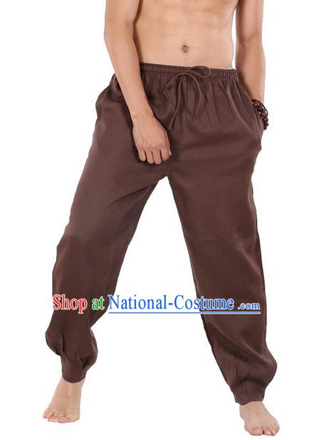 Top Grade Kung Fu Costume Martial Arts Brown Linen Pants Pulian Zen Clothing, Training Bloomers Gongfu Trousers Shaolin Wushu Tai Chi Meditation Plus Fours for Men