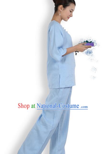 Top Grade Kung Fu Costume Martial Arts Blue Linen Suits Pulian Zen Clothing, Training Costume Tai Ji Meditation Uniforms Gongfu Shaolin Wushu Tai Chi Plated Buttons Clothing for Women