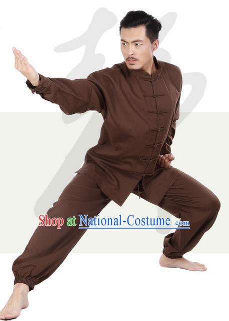 Top Grade Kung Fu Costume Martial Arts Coffee Linen Suits Pulian Zen Clothing, Training Costume Tai Ji Meditation Uniforms Gongfu Wushu Tai Chi Plated Buttons Clothing for Men