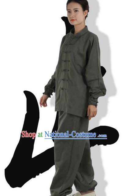 Top Grade Kung Fu Costume Martial Arts Army Green Linen Suits Pulian Zen Clothing, Training Costume Tai Ji Meditation Uniforms Gongfu Wushu Tai Chi Plated Buttons Clothing for Women