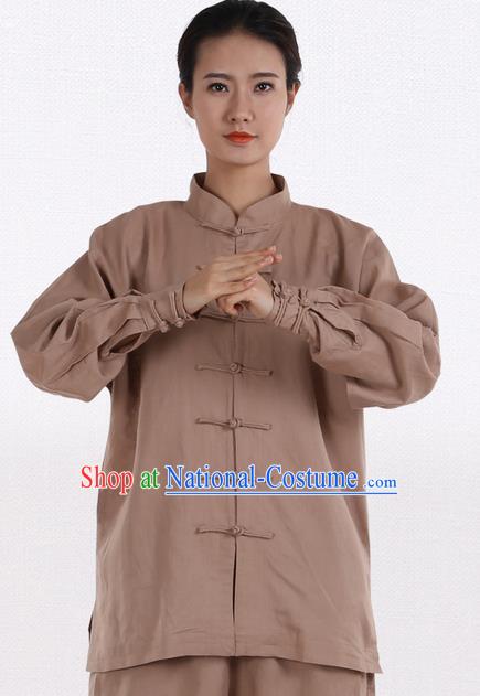 Top Grade Kung Fu Costume Martial Arts Khaki Linen Suits Pulian Zen Clothing, Training Costume Tai Ji Meditation Uniforms Gongfu Wushu Tai Chi Plated Buttons Clothing for Women